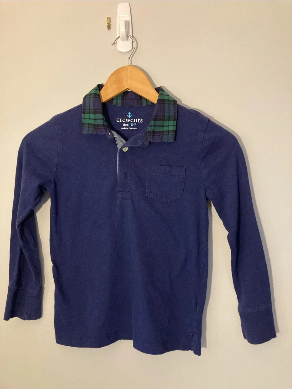 Crewcuts Navy Long-Sleeve Polo with Green Plaid Collar